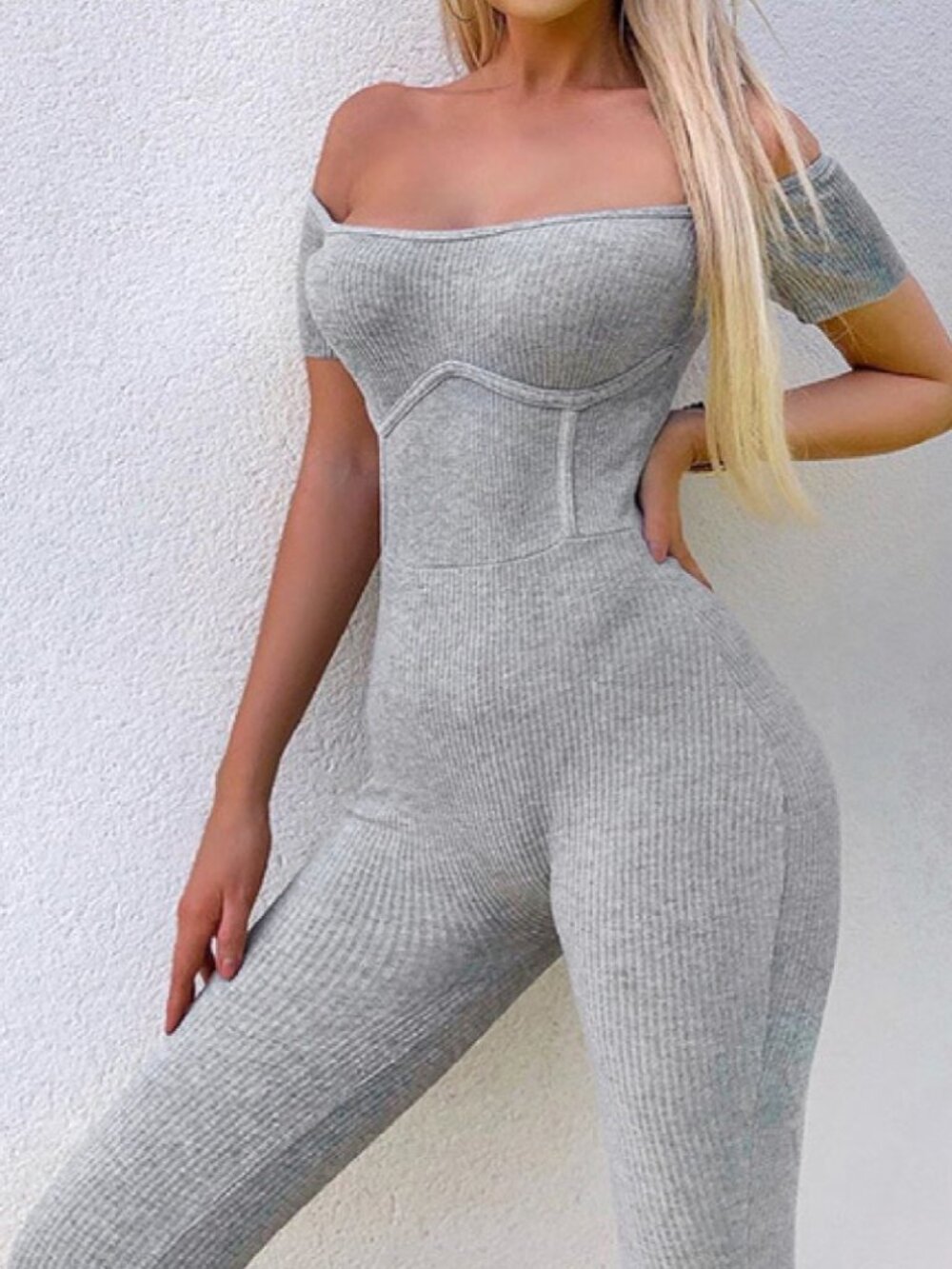 Off-the-Shoulder Ribbed Jumpsuit - Grey Mock Corset Bodysuit